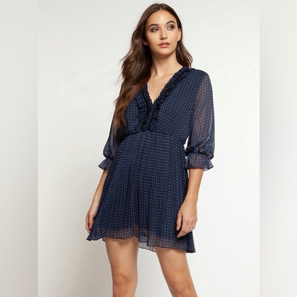 Zara Polka Dot Mini Dress in Navy and Light Blue elastic cuffs V-neck size XS
